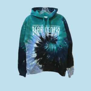 Kids blue tye dye hoody with North American Bear Center on the front. 